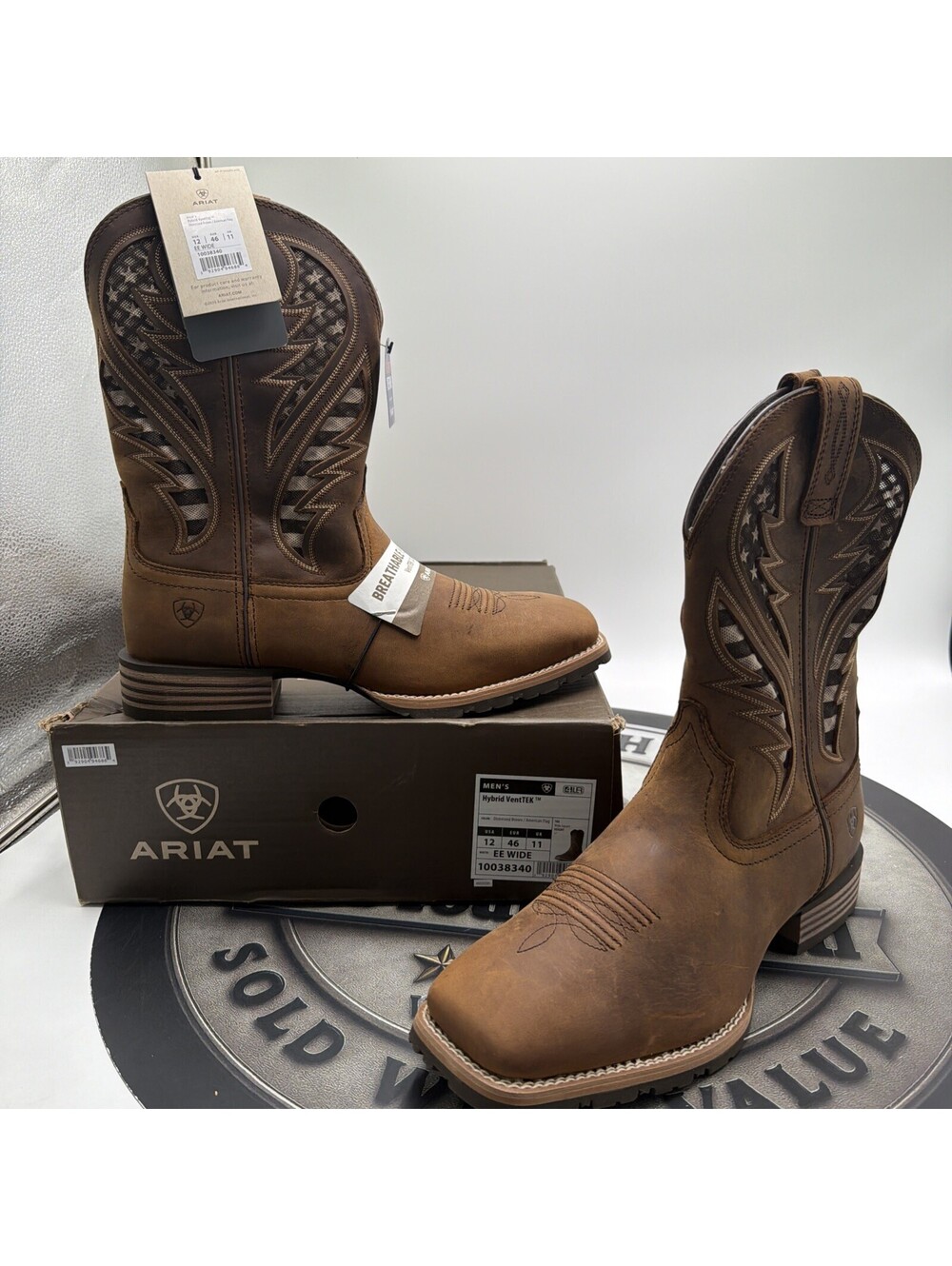 Ariat Men's Hybrid VentTEK Boot Distressed Brown American Flag 10038340 sz 12 EE
